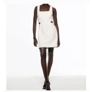 Zara White Tweed Cut Out Mini Dress with Contrast Stitching Cotton Blend Large